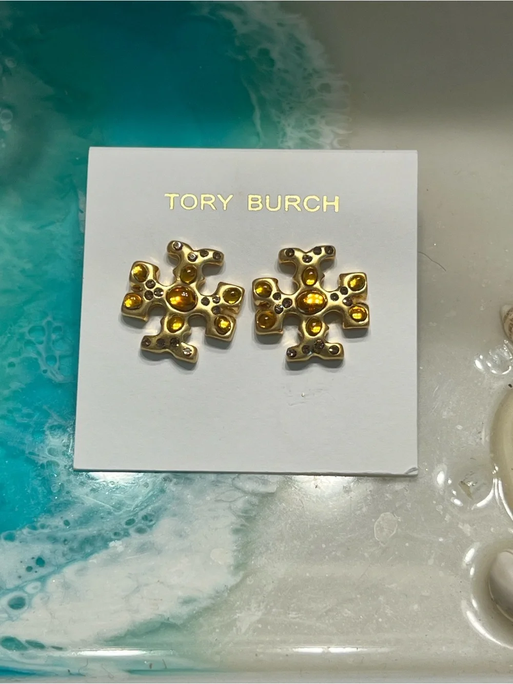 Tory Burch Gold Logo Stud Earrings with Amber Accents- NWT